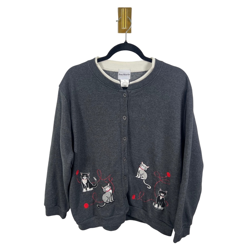 Bon Worth Cat Embroidered Cotton Cardigan Sweatshirt Gray Whimsical Large